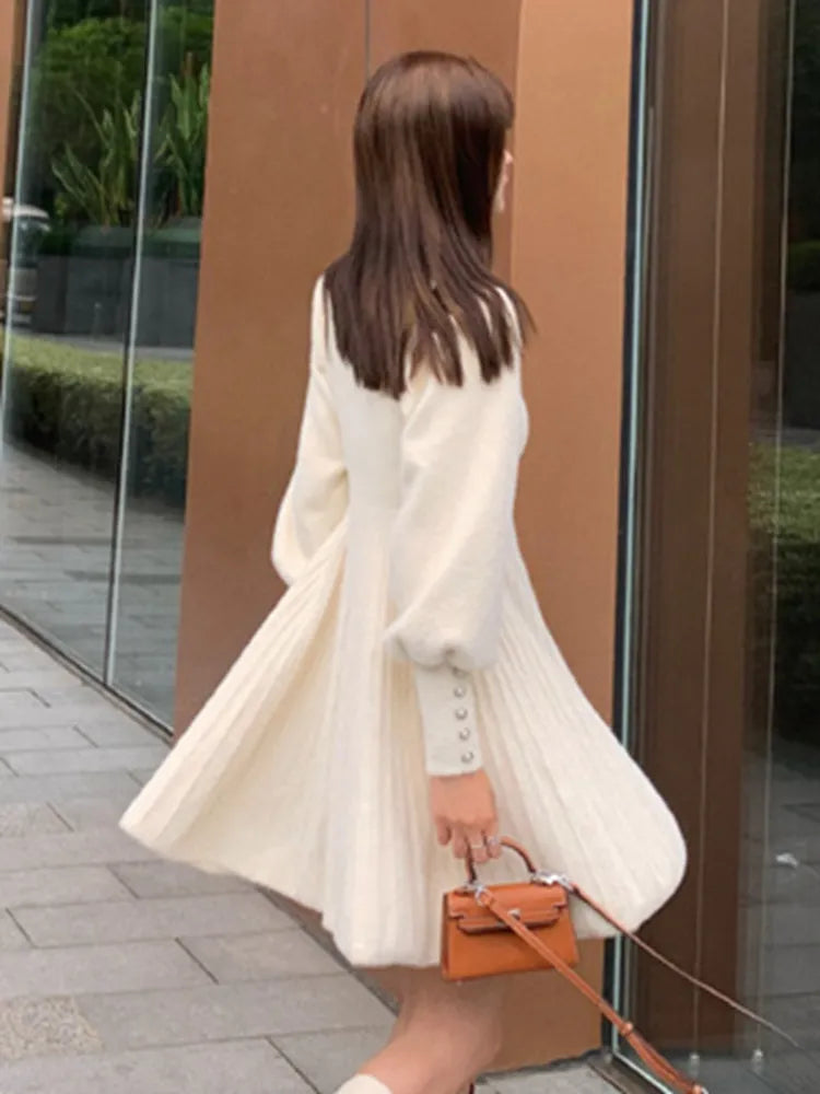 High Quality Autumn Winter Knitted Sweater Dress Women Korean Sweet Vestidos Long Sleeve Button Casual Pull Mini Dress For Women