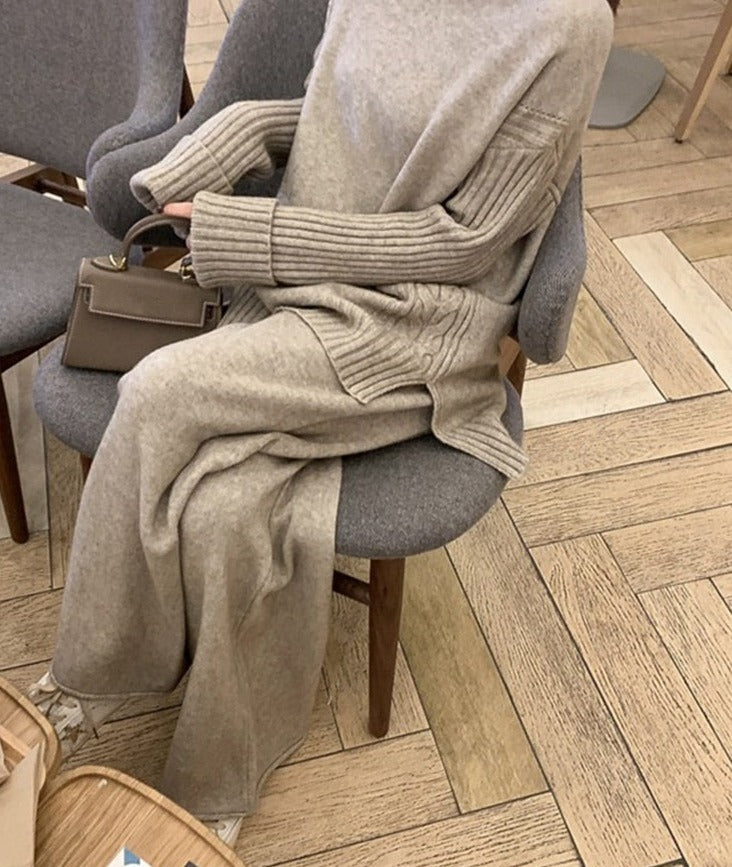 Getadme Autumn Winter 2 Pieces Women Sets Knitted Tracksuit New Turtleneck Sweater and Wide Leg Jogging Pant Pullover Suits