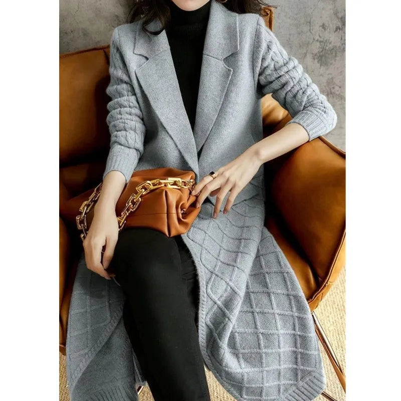 Getadme-European long cashmere cardigan female autumn and winter new over-the-knee slimming thickened wool coat knitted sweater