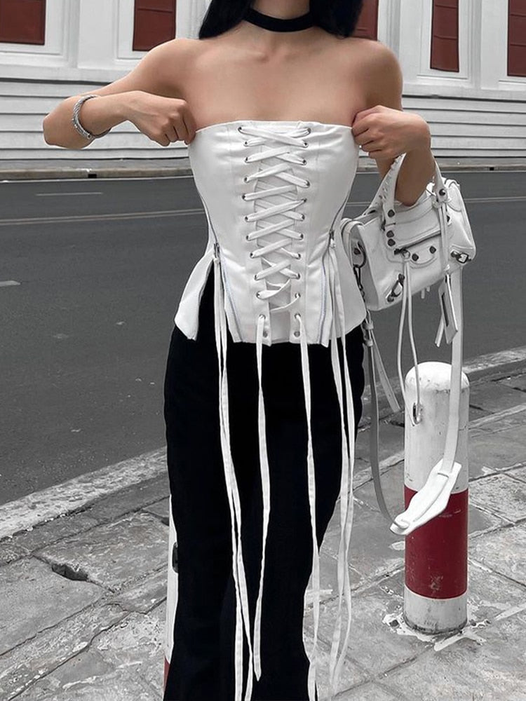 Getadme Tube Top Women Strapless Sexy Lace Up Backless Skinny Elegant Ladies Crop Tops Summer Fashion Casual Streetwear