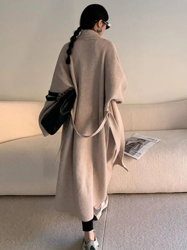 Getadme-Women's Sweaters Polo Collar Long Coat 2023 Autumn Winter New In Korean Lazy High-end Gentle Soft Loose Knit Cardigan Coat