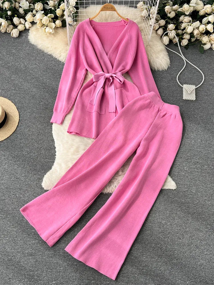 Winter Women Knitted Tracksuit 2 Pieces Long Sleeve Lace-up Sweater Cardigan Coat & Pant Suits Fashion Casual Two Piece Outfits