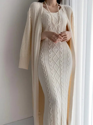 Getadme Elegant Fall Winter Thick Knitted 2 Piece Set Women Twist Long Cardigan Sweater Coat +Sleeveless Long Dress Suit Ensemble Femme