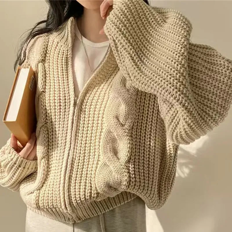 Women Zipper Rib Loose Cardigan Coat Lantern Sleeve Knit Warm Sweater Coat Solid Casual Office Jacket Women Fall Winter