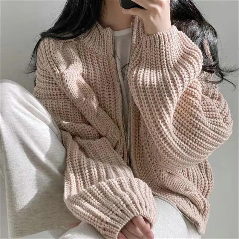 Women Zipper Rib Loose Cardigan Coat Lantern Sleeve Knit Warm Sweater Coat Solid Casual Office Jacket Women Fall Winter