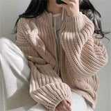 Women Zipper Rib Loose Cardigan Coat Lantern Sleeve Knit Warm Sweater Coat Solid Casual Office Jacket Women Fall Winter