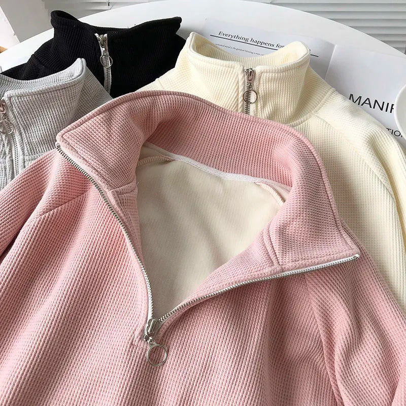 Getadme Warm Fleece Hoodies Women Loose Sweatshirts Half Zipper Pullover Long Sleeve Waffle Casual Thick V Neck Streetwear Sweatshirts