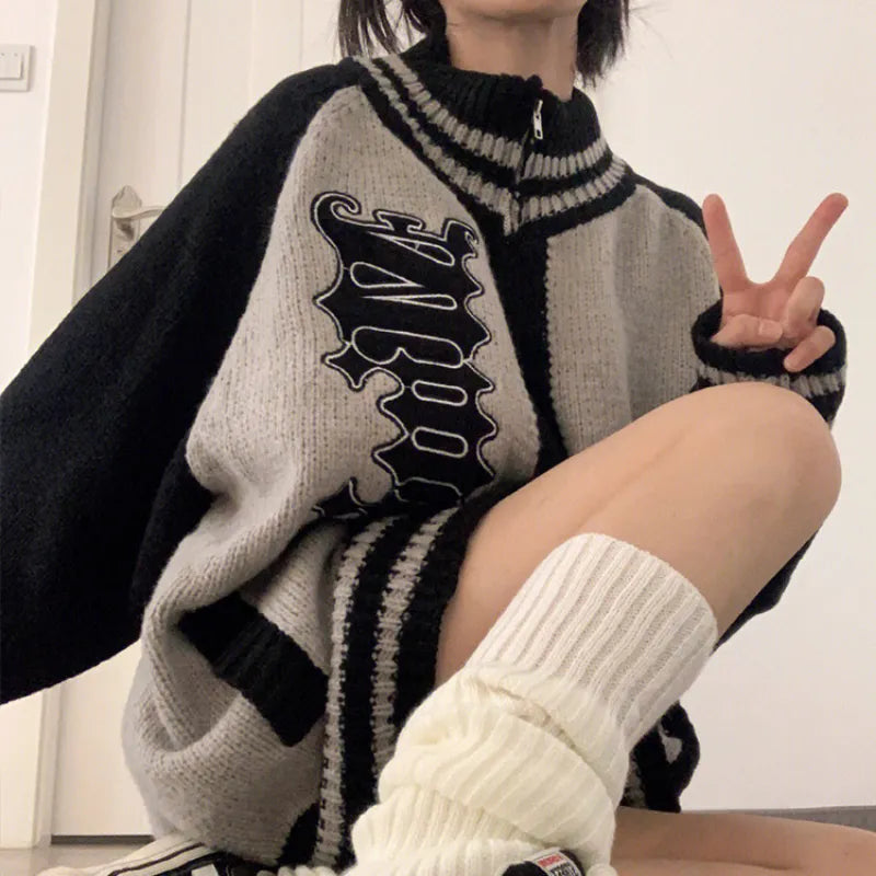 Getadme-Streetwear Y2k Zip Sweater Cardigan Women Retro Grey Striped Patchwork Oversize Letter Jumper Korean Style Knitted Top
