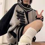 Getadme-Streetwear Y2k Zip Sweater Cardigan Women Retro Grey Striped Patchwork Oversize Letter Jumper Korean Style Knitted Top