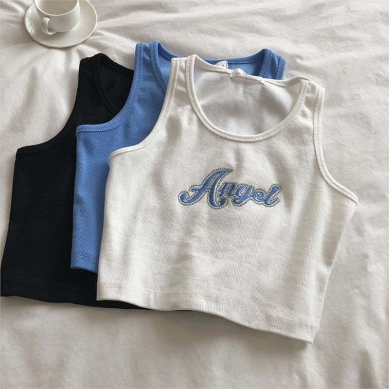 Summer y2k clothing Casual Aesthetic Camisole Female Sleeveless Angel Embroidery Vest Quality Knitted Camis 90's women Tank Tops