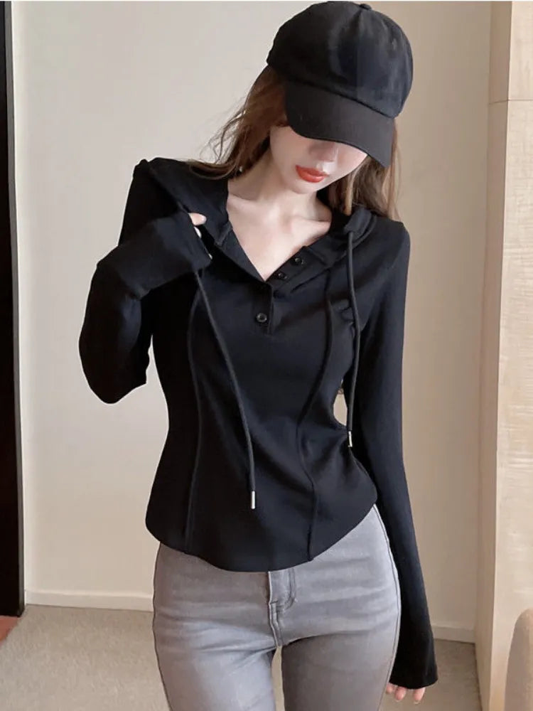 Getadme-Korean Style Slim Crop Hoodies Women Pullovers Kpop Solid Hooded Sweatshirt White Long Sleeve Tops  Autumn Fashion