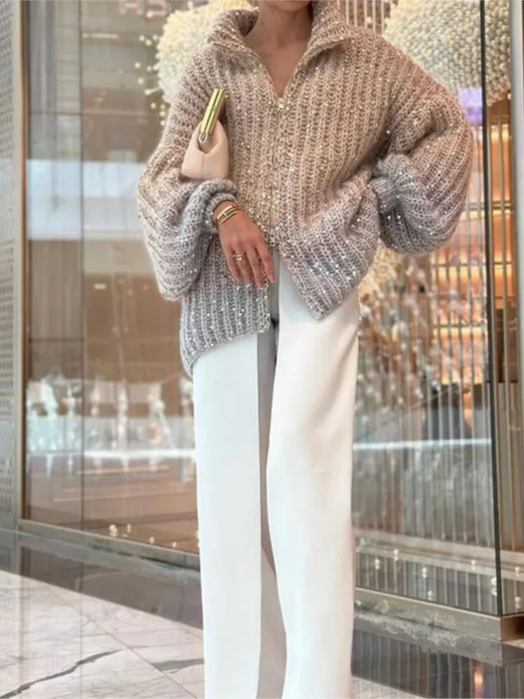 Getadme Elegant Lurex Sequin Sweater Cardigan Women Long Sleeve Stand Collar Zipper Sparkling Knitted Coat Autumn Chic Streetwear
