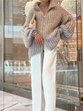 Getadme Elegant Lurex Sequin Sweater Cardigan Women Long Sleeve Stand Collar Zipper Sparkling Knitted Coat Autumn Chic Streetwear