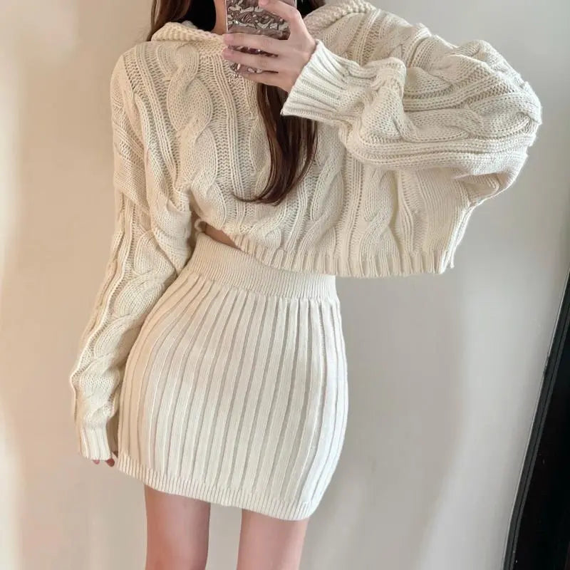 Sweet and Spicy Style Fried Street Fashion Set Women's Autumn 2023 New Hooded Knitted Sweater Half Skirt Two Piece Set