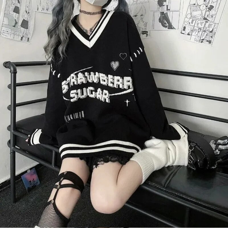 Getadme-Gothic Y2k Letter Black Sweater Women Harajuku Punk Dark Grunge Oversize Knitted Top Japanese Style Jk Jumper Female