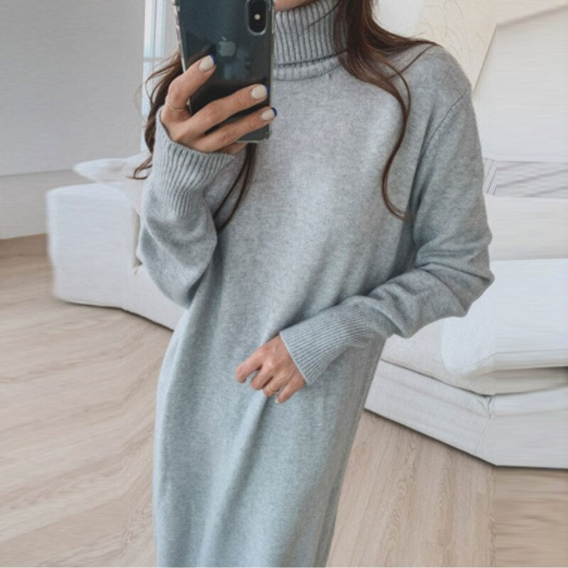 Getadme-Black Turtleneck Long Woolen Dress Women Autumn Winter Turtleneck Oversized Sweater Dresses Women Clothing Chic Knitwear