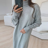Getadme-Black Turtleneck Long Woolen Dress Women Autumn Winter Turtleneck Oversized Sweater Dresses Women Clothing Chic Knitwear