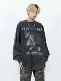 HOUZHOU Grunge Hippie Gray Graphic Sweatshirts Women Gothic Harajuku Kpop Oversize Hoodies Korean Long Sleeve Tshirts Distressed