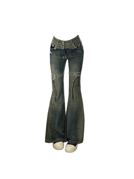 Getadme Women's Patchwork Flare Jeans Harajuku Vintage Y2k