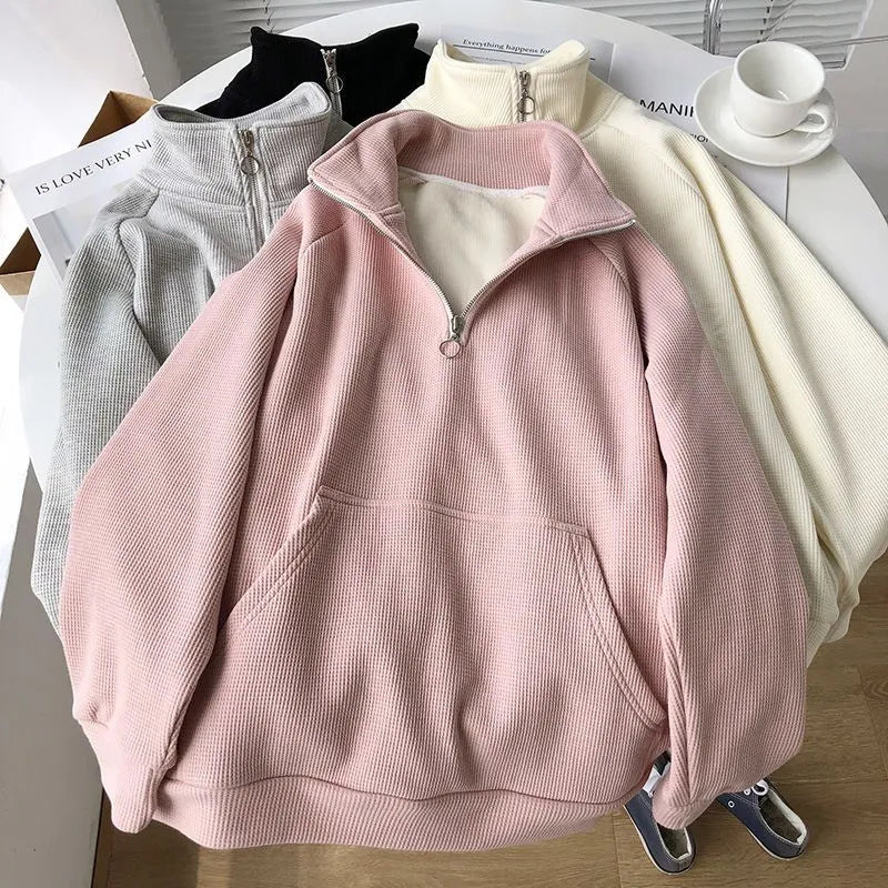 Getadme Warm Fleece Hoodies Women Loose Sweatshirts Half Zipper Pullover Long Sleeve Waffle Casual Thick V Neck Streetwear Sweatshirts