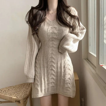 QWEEK 2023 Autumn Winter Knit Knitted Sweater Dress Women Vintage Casual Solid Slim Wrap Long Sleeve Mini Short Dresses Party
