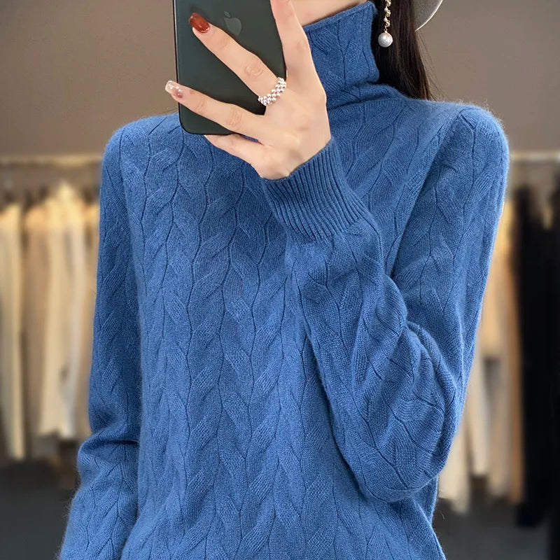 Getadme-Autumn Winter Women's Soft Wool Sweater Pile Collar Twisted Thickened Pullover Casual Basis Top Cashmere Female Knitwear