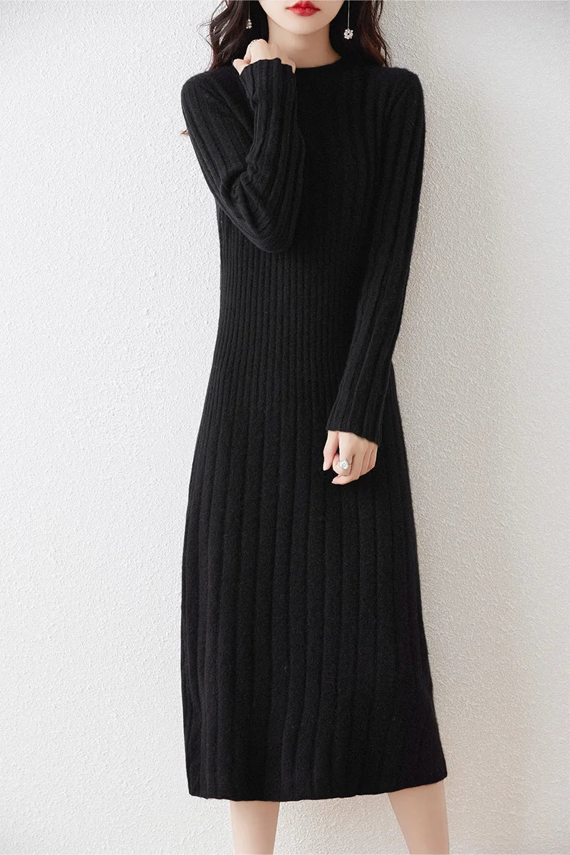 Getadme 100% Merino Wool Sweater Dress  Autumn And Winter New Women's Striped Round Neck Pleated Skirt Pullover