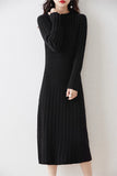 Getadme 100% Merino Wool Sweater Dress  Autumn And Winter New Women's Striped Round Neck Pleated Skirt Pullover