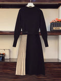 New Autumn Winter Women Fashion Stitching Stripe Pleated Sweater Dress Elegant Long Sleeve OL Midi Knitted Runway Vestidos Robe