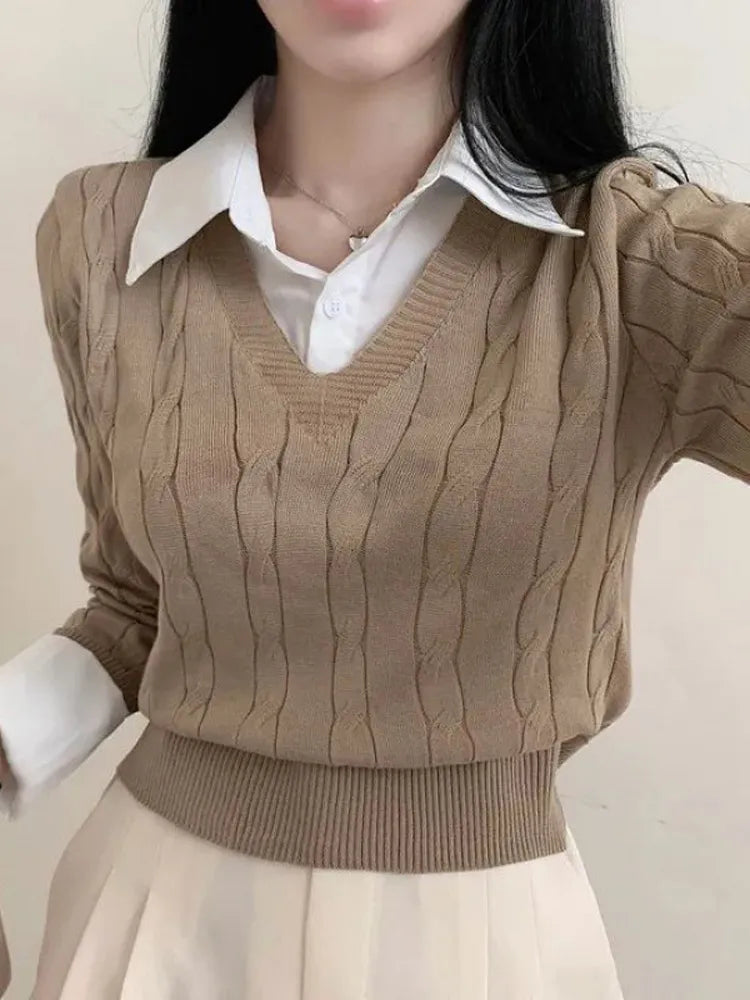 Getadme-Autumn Knitted Pullover Women Preppy Style Fake Two Piece Sweater Korean Fashion Long Sleeve Top Female Elegant Patchwork Shirt