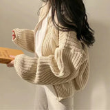 Women Zipper Rib Loose Cardigan Coat Lantern Sleeve Knit Warm Sweater Coat Solid Casual Office Jacket Women Fall Winter