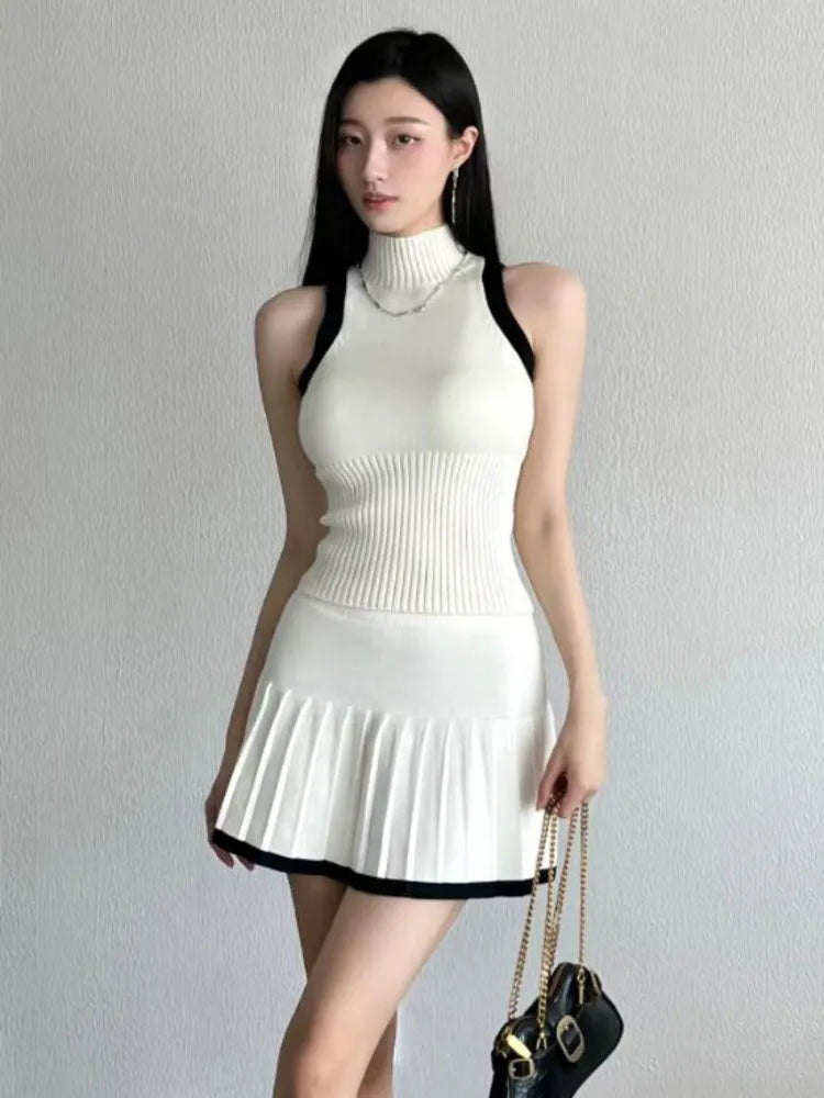 Girls Sweet Knitted Two Piece Set For Women Sexy Vest + High Waist Pleated Skirt Sets Elegant Fashion Sweater 2 Piece Suits