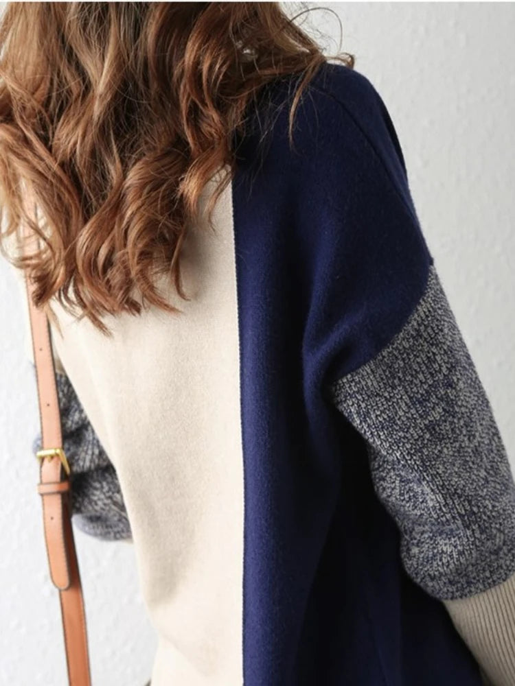 Getadme-Women‘s Sweater Autumn Winter Turtleneck Jumpers New In Thick Warm Loose Long Sleeve Spliced Knitted Sweater Tops Pullover