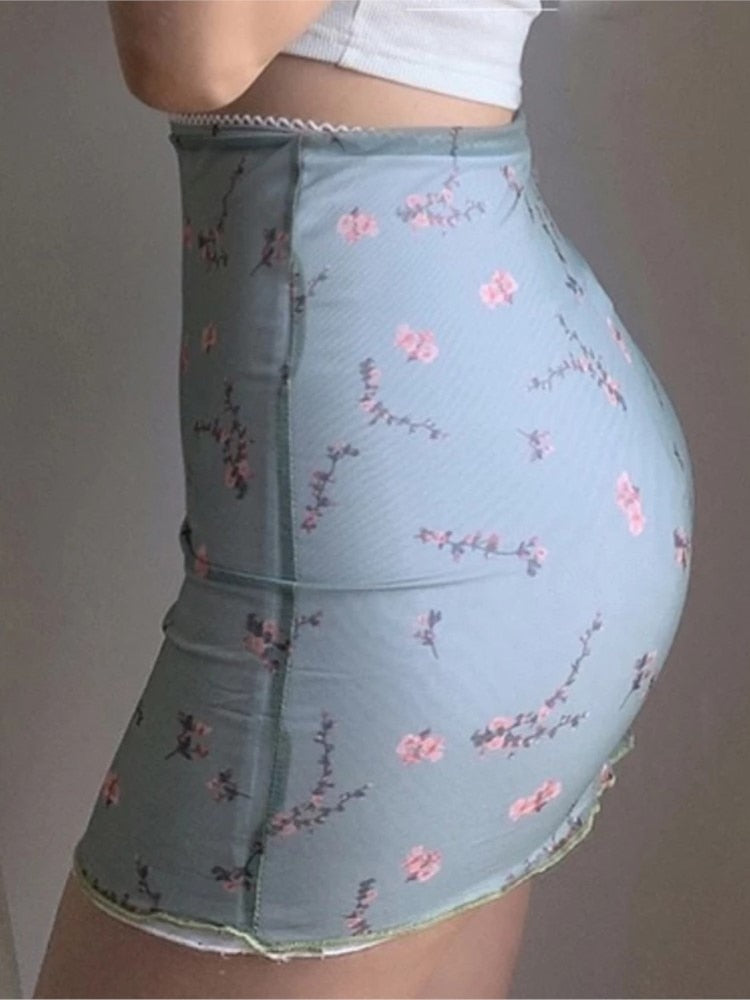 Getadme-Floral Print Mesh High Waist Mini Skirt Ladies Kawaii skirt premium pastel Lace-up sweet Y2k Harajuku Kawaii Sexy Pencil Skirt
