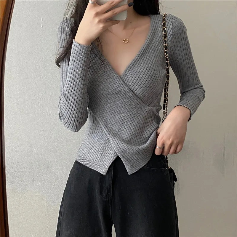 Getadme-Autumn Winter Knitwear Tops Fashion Female Long Sleeve Skinny Elastic Casual V-neck Knitted Shirts Women Pullover Sweaters