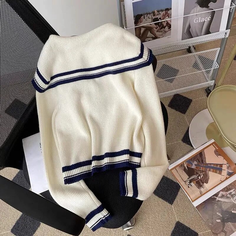 Getadme Women Preppy Style Sweater Cardigan Autumn Winter White Sailor Collar Knitted Coat Casual Loose Long-Sleeved Warm Jacket