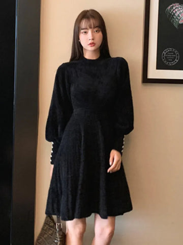High Quality Autumn Winter Knitted Sweater Dress Women Korean Sweet Vestidos Long Sleeve Button Casual Pull Mini Dress For Women
