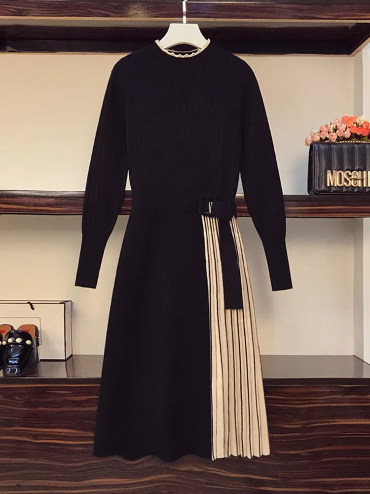 New Autumn Winter Women Fashion Stitching Stripe Pleated Sweater Dress Elegant Long Sleeve OL Midi Knitted Runway Vestidos Robe