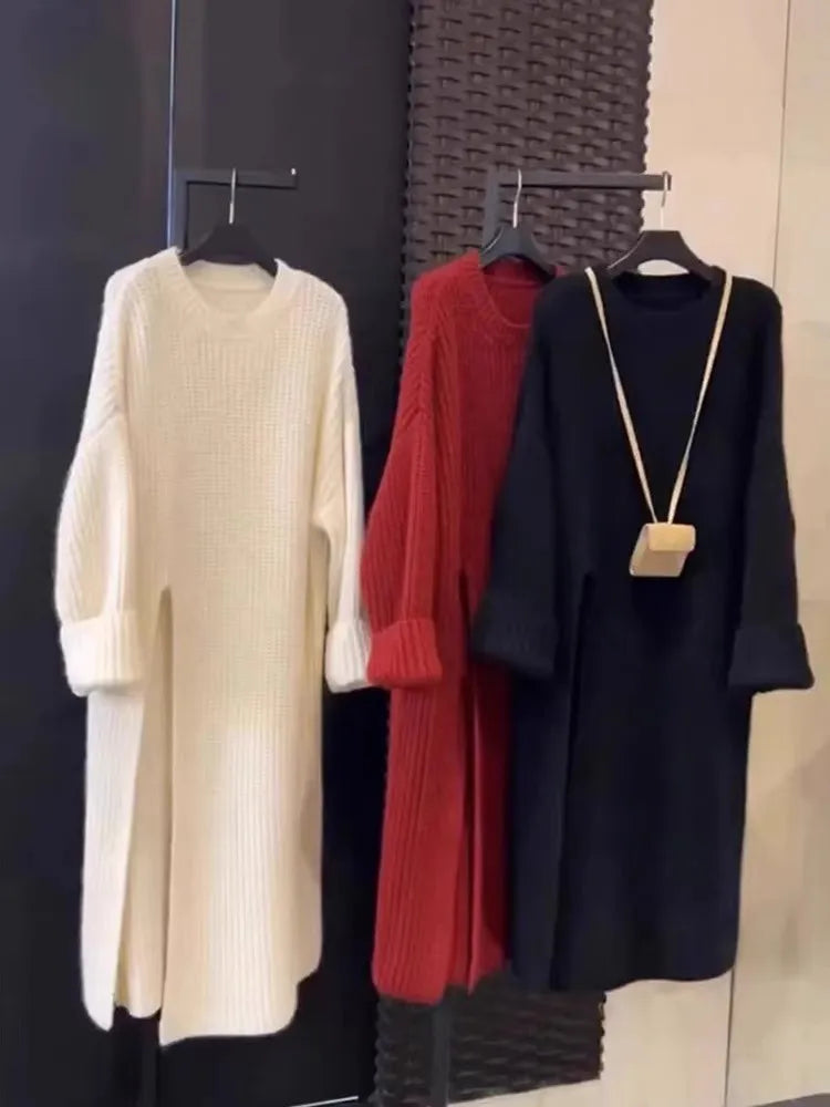 Getadme European Elegant High Waist Split New Chic Unique Beautiful Knitted Sweater Dress Women Autumn Winter Sweater Outer Dresses