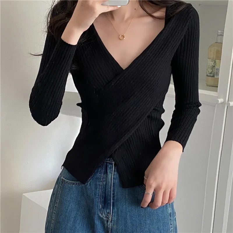 Getadme-Autumn Winter Knitwear Tops Fashion Female Long Sleeve Skinny Elastic Casual V-neck Knitted Shirts Women Pullover Sweaters