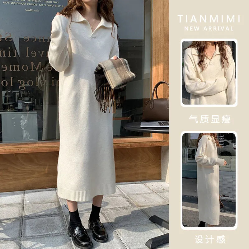 Getadme-Casual Thicken Warm Loose Sweater White Dress Women Autumn Winter Lapel Full Sleeve Solid Long Knitted Dresses Female Vestidos
