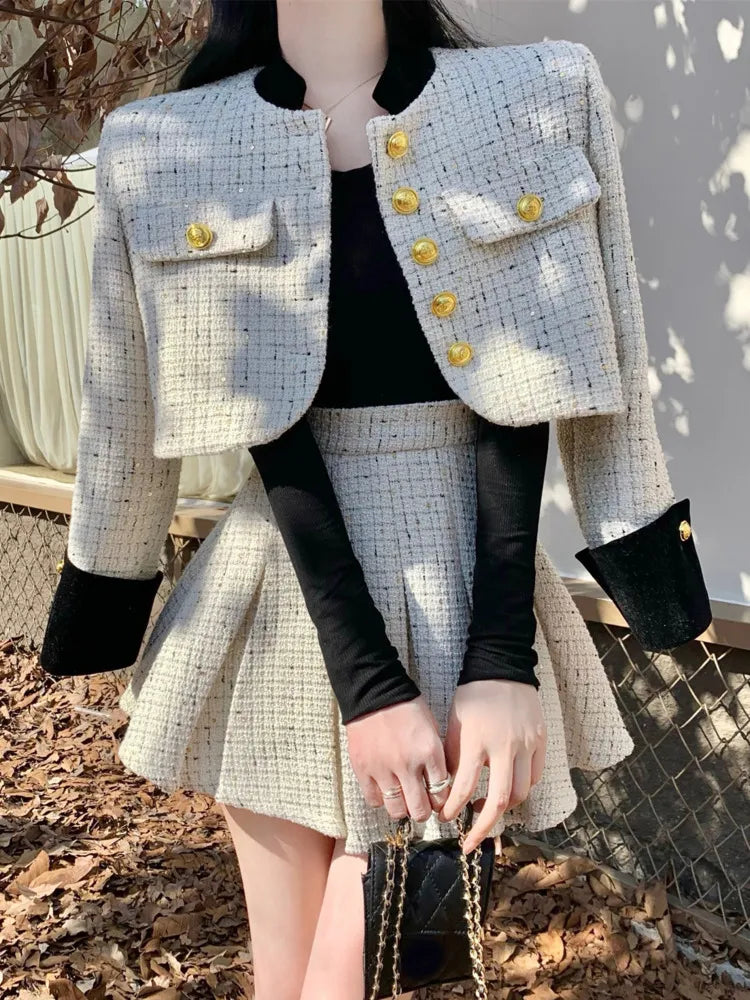 Getadme High Quality Luxury Brand Small Fragrance Tweed Two Piece Set Women Woolen Jacket Coat + Skirt Sets Winter Korean 2 Piece Suits