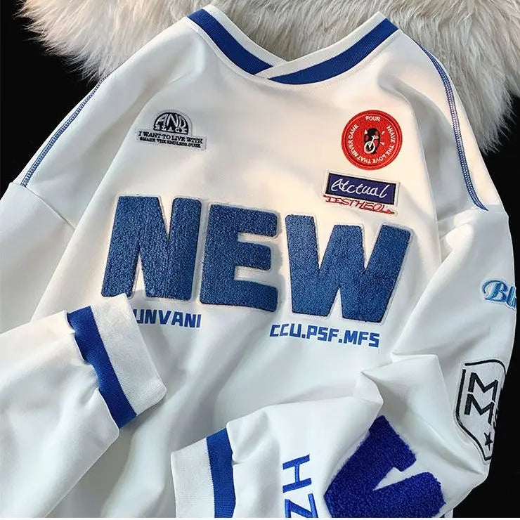 Getadme Spring and autumn sweater men round neck letter embroidery loose trend large size all-match top ins couple gothic top