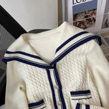 Getadme Women Preppy Style Sweater Cardigan Autumn Winter White Sailor Collar Knitted Coat Casual Loose Long-Sleeved Warm Jacket