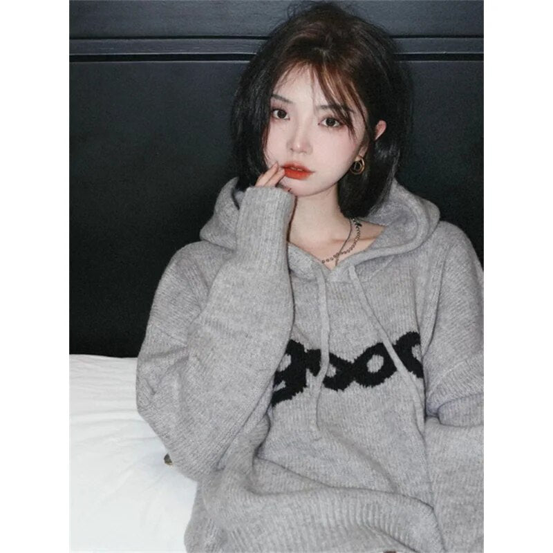 Getadme-Y2k Vintage Grey Sweater Pullover Women Streetwear 90s Aesthetic Oversize Jumper Harajuku Fashion Casual Knitted Top