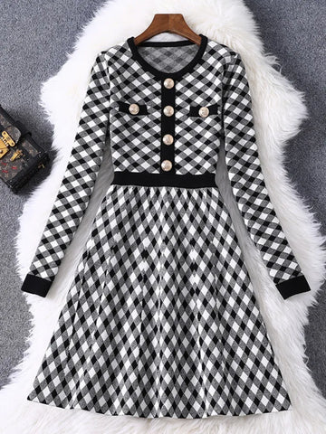 New Autumn Knitted Sweater Dress Women Button Up Korean Fashion Vintage Plaid Blue Black Mini Dress Robe Femme Vestidos