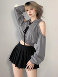 Getadme-Y2K Vintage Gray Cropped Hoodies Women Harajuku Sexy Off Shoulder Sweatshirts Korean Loose Casual Chic Tops Gothic Kpop