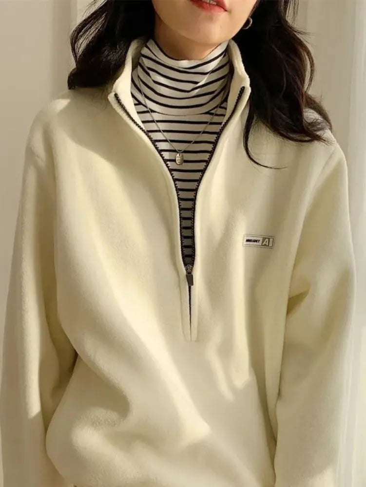 Korean Warm Fleece Fluffy Zip Hoodies Women Casual Kpop Fashion Plus Velevt Sweatshirt Top 2022 Autumn Winter