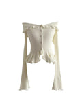 Getadme Women's Long Sleeve Ruffles Cardigan Knitted Crop Tops Korean Fashion Vintage Aesthetic Sweater Mori Girl Knitwear Autumn Winter