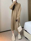 Getadme-Women's Sweater Dress Autumn Winter Korean Edition Loose Relaxed Commuter Thickened Lapel Over Knee Knit Dress Women's Clothing